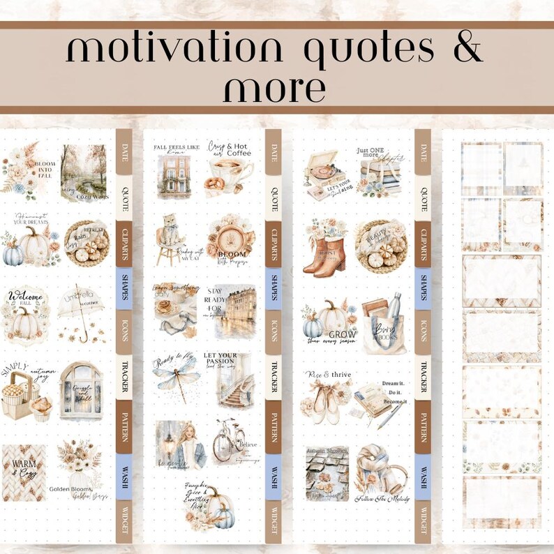 May include: A digital sticker sheet featuring the text motivation quotes & more at the top. The sheet contains various autumn-themed illustrations including pumpkins, coffee cups, boots, bicycles, and floral arrangements, organized into columns with labeled tabs.