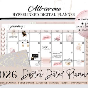 May include: A digital planner displayed on a tablet screen, showing a January calendar with decorative stickers. The planner includes bonus stickers and covers, with the text "All-in-one Hyperlinked Digital Planner" and "2026 Digital Dated Planner".