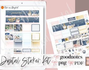 May include: Digital sticker kit for Goodnotes featuring a New Year's Eve theme with gold, blue, and pink accents. The kit includes a calendar, banners, boxes, and various decorative elements.