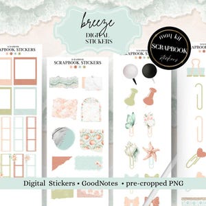 Naklejki do albumu ze zdjęciami „Letnia bryza”, album z naklejkami na podzielony ekran, pliki Goodnotes + Noteful + pojedyncze pliki PNG, notatki, szpilki, cyfrowe karteczki samoprzylepne