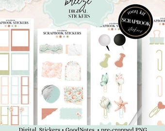 Summer Breeze Scrapbook Stickers, Split Screen Sticker Book, Goodnotes + Noteful Files + Individual PNGs, memo, pins, digital sticky notes