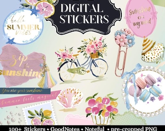 SUMMER Digital Sticker for Goodnotes, Noteful and Journal: Sweet summer floral with motivation quotes, realistic stickers PNG, widget insert