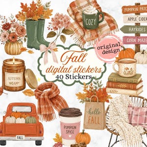 May include: A collection of 40 digital stickers featuring autumn-themed illustrations including a green mug, a plaid blanket, a pumpkin patch sign, a candle, a stack of books, a scarf, a truck, and a coffee cup with the text Pumpkin Spice.