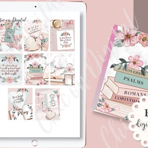 May include: A digital sticker book with a pink and green floral design. The cover features a stack of books with the titles "Proverbs", "Psalms", "Romans", and "Corinthians". The text "FREE digital sticker book" is in a white circle with a pink bow.