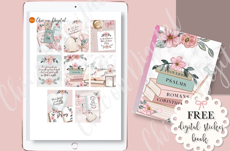 May include: A digital sticker book with a pink and green floral design. The cover features a stack of books with the titles "Proverbs", "Psalms", "Romans", and "Corinthians". The text "FREE digital sticker book" is in a white circle with a pink bow.