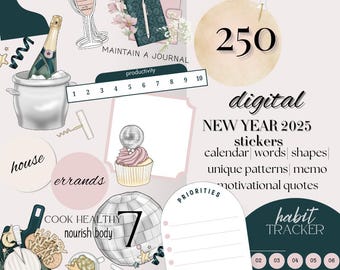 New Year 2025 Digital Stickers: Celebration Planner Kit (PNG, Goodnotes)