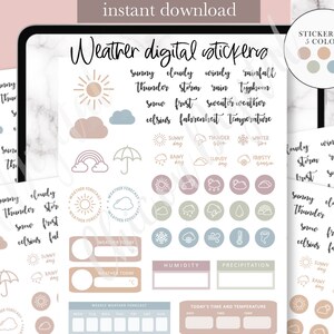 Adesivo digital WEATHER, adesivo de boas notas sobre o clima, adesivo digital de previsão do tempo, rastreador de umidade, adesivo minimalista de boas notas, adesivos de lua