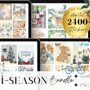 May include: A digital sticker bundle for GoodNotes featuring four seasons of illustrations. The bundle includes over 2400 stickers with themes like winter, spring, summer, and autumn. The stickers are in a watercolour style and feature images of nature, animals, and everyday objects.