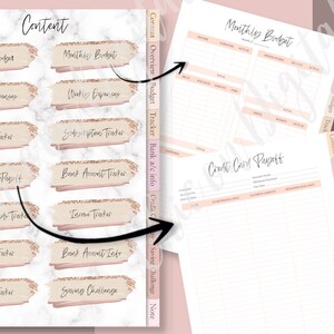 May include: A printable budget planner with tabs for different categories, including weekly budget, monthly budget, daily expenses, weekly expenses, bills tracker, subscription tracker, credit card receipts, bank account tracker, savings funds tracker, income tracker, savings tracker, bank account info, debt tracker, and savings challenge. The planner has a marble background with gold glitter accents.