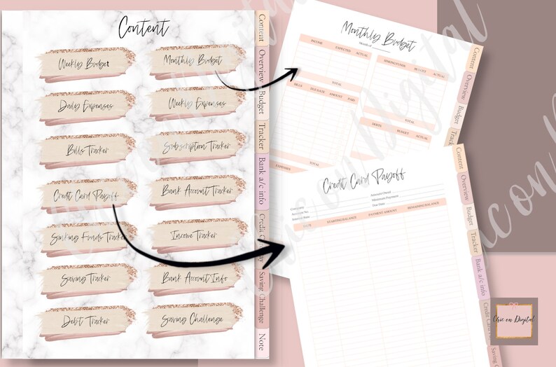 May include: A printable budget planner with tabs for different categories, including weekly budget, monthly budget, daily expenses, weekly expenses, bills tracker, subscription tracker, credit card receipts, bank account tracker, savings funds tracker, income tracker, savings tracker, bank account info, debt tracker, and savings challenge. The planner has a marble background with gold glitter accents.