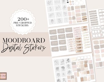 May include: A set of 200+ digital stickers in a minimalist style with a neutral color palette of beige, brown, and white. The stickers feature line drawings of women's faces, flowers, and geometric shapes. The text "MOODBOARD Digital Stickers" is featured in the image.