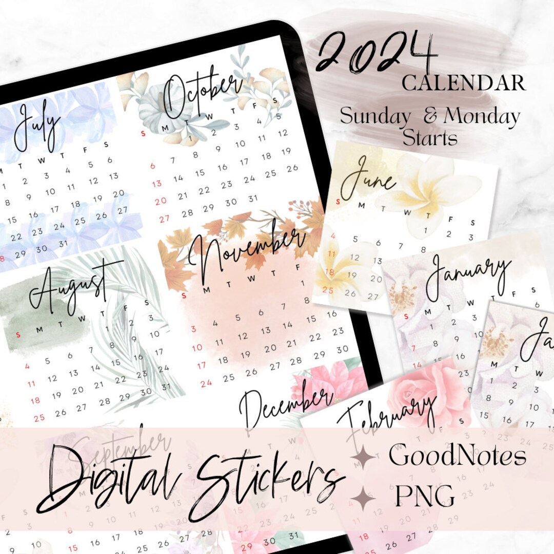 2024 DIGITAL CALENDAR Stickers, 2024 Goodnotes Calendar, Floral Digital