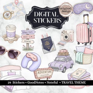 May include: A collection of digital travel-themed stickers featuring a pink suitcase, a purple car, a passport, a camera, sunglasses, a travel journal, a coffee cup, a neck pillow, a sleep mask, a bed, a basket, and various travel signs.