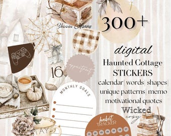 Haunted Cottage Halloween Digital Planner Stickers: Pre-cropped PNG GoodNotes Noteful Sticker bundle, Fall October 2026 sticker pack 26BKG10