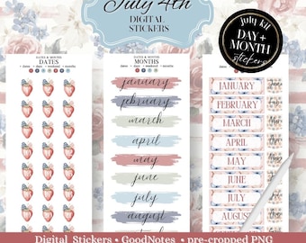 July 4th digital stickers: independence day, days of the weeks, month digital planner stickers, Noteful stickers, weekend GoodNotes stickers