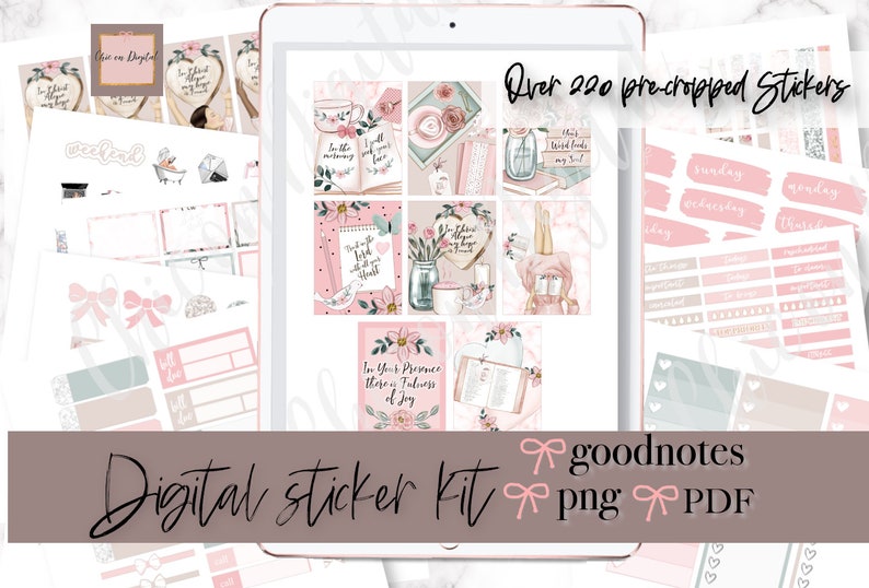 May include: Digital sticker kit for Goodnotes featuring over 220 pre-cropped stickers. The stickers are pink and white with floral designs and inspirational quotes. The kit includes a variety of stickers, including weekly and daily planner stickers, boxes, and decorative elements.
