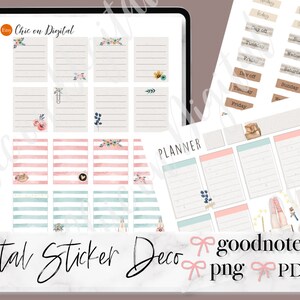 May include: Digital planner stickers with floral and striped designs. The stickers are in pink, blue, and green colors. The stickers are for Goodnotes and are available in PNG and PDF formats.