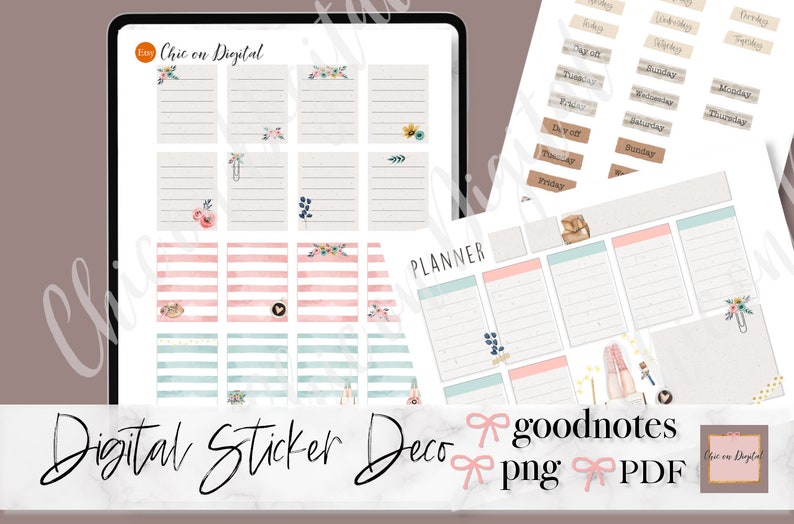May include: Digital planner stickers with floral and striped designs. The stickers are in pink, blue, and green colors. The stickers are for Goodnotes and are available in PNG and PDF formats.
