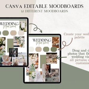 May include: Two digital mood boards on a tablet screen, each with the text "WEDDING Mood Board" and a grid of images and color swatches. The images are of wedding details, such as flowers, rings, and table settings. The color swatches are in shades of green and beige.