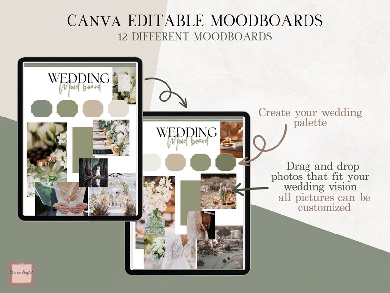 May include: Two digital mood boards on a tablet screen, each with the text "WEDDING Mood Board" and a grid of images and color swatches. The images are of wedding details, such as flowers, rings, and table settings. The color swatches are in shades of green and beige.