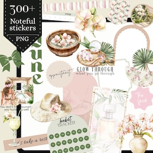 Pegatinas digitales de verano con notas, paquete mensual de pegatinas de flores tropicales de junio, pegatina de icono de widget, planificación con notas, paquete de pegatinas de notabilidad