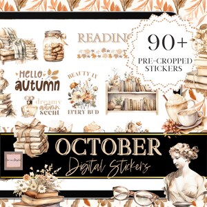 May include: Digital stickers featuring autumnal themes, including a bookshelf, a cup of coffee, a jar of cookies, and a floral arrangement. The text "HELLO autumn" and "READING" are also included.