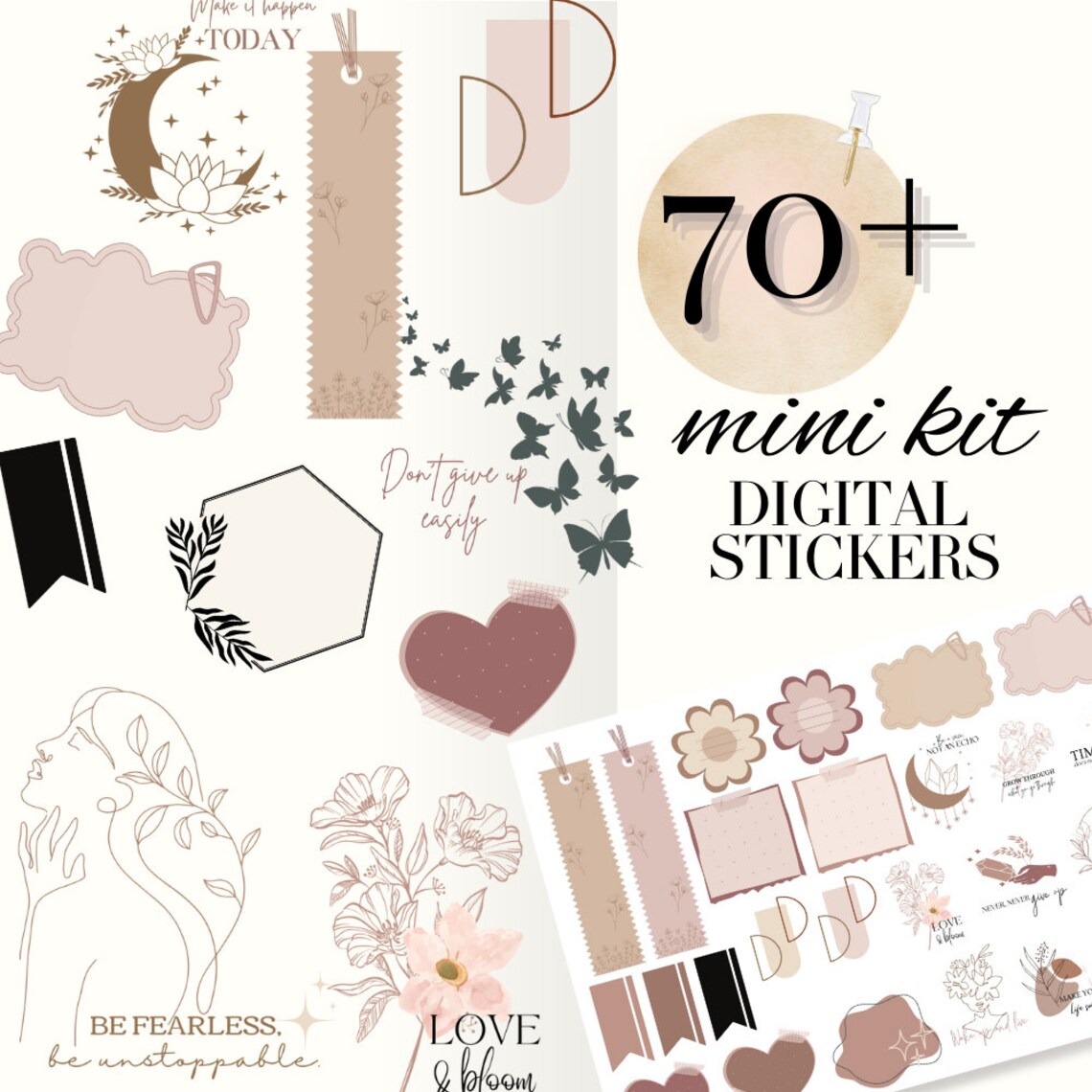 BOHO DIGITAL STICKERS Aesthetic Goodnotes Sticker Pack Digital Quote ...