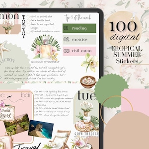 Op de afbeelding: Digitale planner met een tropisch thema, met een wekelijkse indeling met dagelijkse taken, een reisroute en een sectie voor reflecties. Bevat een parfumfles, orchideeën en de tekst "100 digitale tropische zomerstickers."