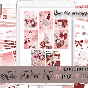 May include: Digital sticker kit with over 220 pre-cropped stickers in pink and red tones. The stickers feature illustrations of hearts, gifts, candy, and a woman in a red dress. The text "goodnotes", "png", and "PDF" is also included.