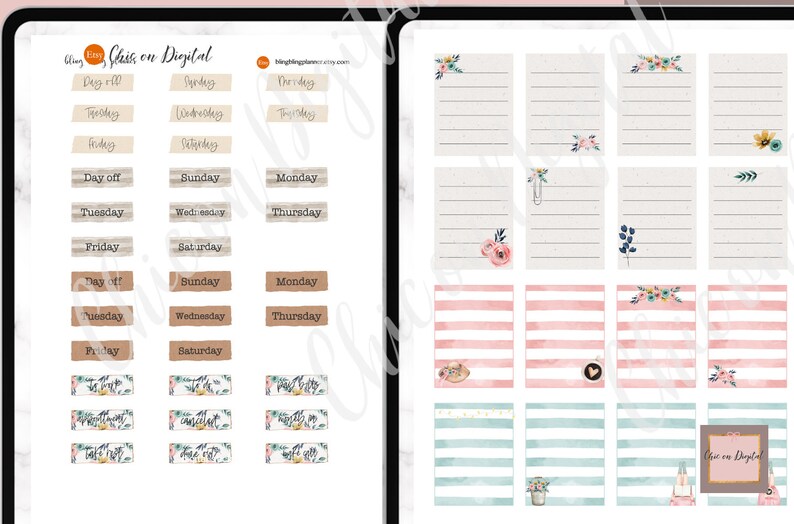 May include: A digital planner sticker set with floral designs and a variety of labels for days of the week, including "Day Off", "Sunday", "Monday", "Tuesday", "Wednesday", "Thursday", "Friday", and "Saturday".
