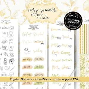May include: Digital sticker set with icons and words for planning. The image features a "cozy summer" theme with stickers for various activities, including "me time" and "outdoor day." The stickers are pre-cropped PNGs.