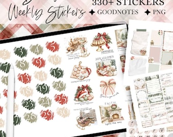 May include: Digital planner stickers with a Christmas theme. The image features a tablet with weekly stickers, including numbers and decorative elements. The stickers are in shades of red, green, and beige, with text that reads "December Weekly Stickers" and "330+ Stickers".