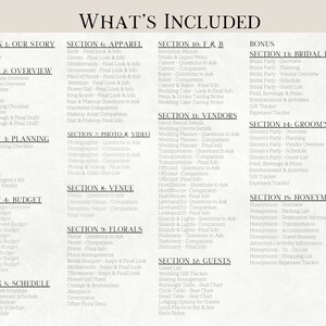 May include: A printable wedding planning checklist with sections for each stage of the wedding planning process, including "Our Story", "Apparel", "Photo & Video", "Venue", "Florals", "Food & Beverage", "Vendors", "Guests", "Bridal Party", "Groom's Party", and "Honeymoon".