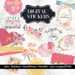 Könnte beinhalten: Eine Sammlung digitaler Sticker mit floralen und dekorativen Designs. Die Sticker umfassen Blumenarrangements, einen Parfümflakon und Textelemente wie "Digital Stickers", "Simply Timelessly" und "Chasing Sunbeam". Das Bild enthält auch den Text "100+ Stickers • GoodNotes • Noteful • pre-cropped PNG."