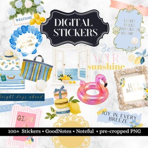 May include: A collection of digital stickers with a summer theme. The image includes a flamingo float, suitcases, a beach bag, lemons, and text that says "DIGITAL STICKERS", "Be Your Sunshine", and "Let's Bloom". The stickers are pre-cropped PNG files.