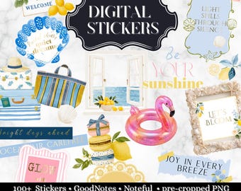 Beach Day Digital Sticker for Goodnotes, Noteful and Journal: Lemon Summer with motivation quotes, realistic stickers PNG, widget insert