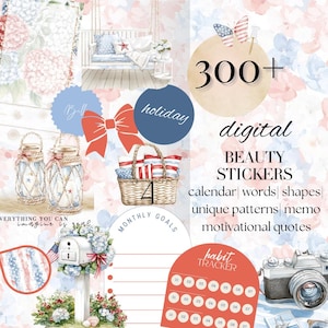4 juillet Independence Day DIGITAL Goodnotes Stickers, lot d'autocollants de lavage numérique de célébration, autocollants fonctionnels, citation inspirante