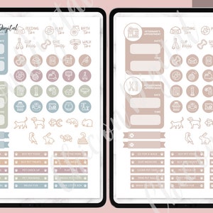 May include: A digital planner for pet owners with a light brown and blue color scheme. The planner includes sections for veterinary appointments, pet grooming appointments, and a checklist of daily tasks. The planner features icons for feeding, playing, bathing, clipping nails, giving treats, walking, and other pet-related activities.