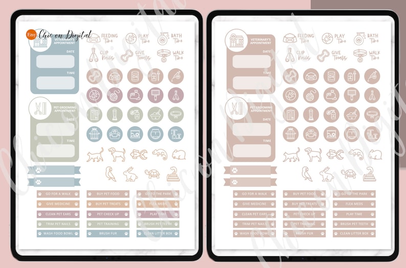 May include: A digital planner for pet owners with a light brown and blue color scheme. The planner includes sections for veterinary appointments, pet grooming appointments, and a checklist of daily tasks. The planner features icons for feeding, playing, bathing, clipping nails, giving treats, walking, and other pet-related activities.