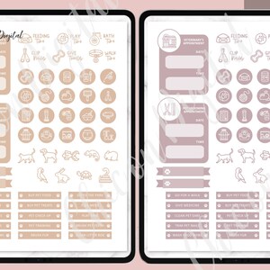 May include: Two printable digital planner pages for pet owners. The left page is in beige and the right page is in light purple. Both pages have a section for veterinary appointments and pet grooming appointments. Each page has a list of activities to do with your pet, such as feeding, playing, bathing, giving treats, walking, and going to the park. The pages also include a variety of icons to represent these activities.