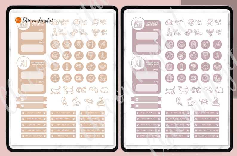 May include: Two printable digital planner pages for pet owners. The left page is in beige and the right page is in light purple. Both pages have a section for veterinary appointments and pet grooming appointments. Each page has a list of activities to do with your pet, such as feeding, playing, bathing, giving treats, walking, and going to the park. The pages also include a variety of icons to represent these activities.