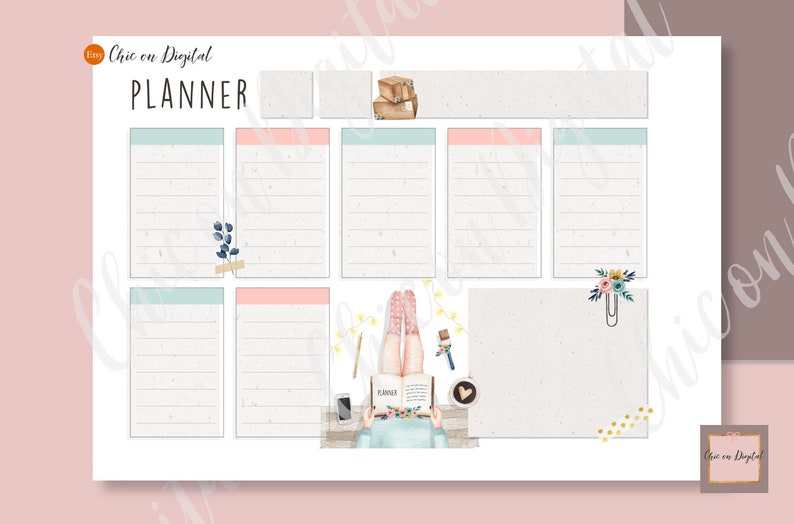 May include: A digital planner with a light blue, pink, and white color scheme. The planner has a section for notes, a section for tasks, and a section for goals. The planner also features a cute illustration of a person reading a book.