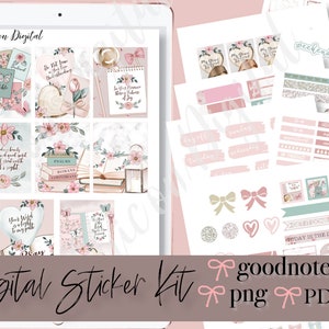 May include: Digital sticker kit for Goodnotes featuring a pink and green colour scheme with floral and book illustrations. The kit includes stickers for daily planning, weekly planning, and general use. The text "goodnotes" is included in the image.