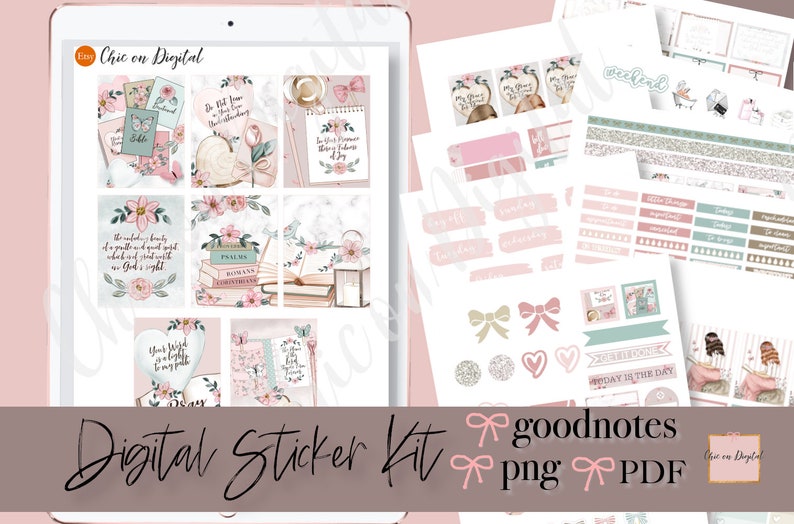 May include: Digital sticker kit for Goodnotes featuring a pink and green colour scheme with floral and book illustrations. The kit includes stickers for daily planning, weekly planning, and general use. The text "goodnotes" is included in the image.