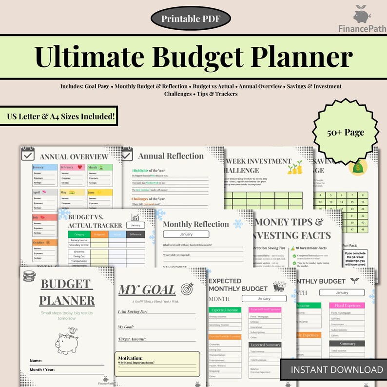 Printable Budget Planner: Finance Tracker, Savings Challenges (digital ...