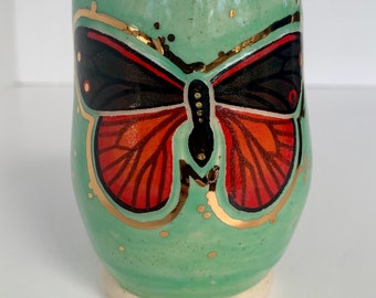 Ceramic Cinnabar Moth Cup - Celadon and gold