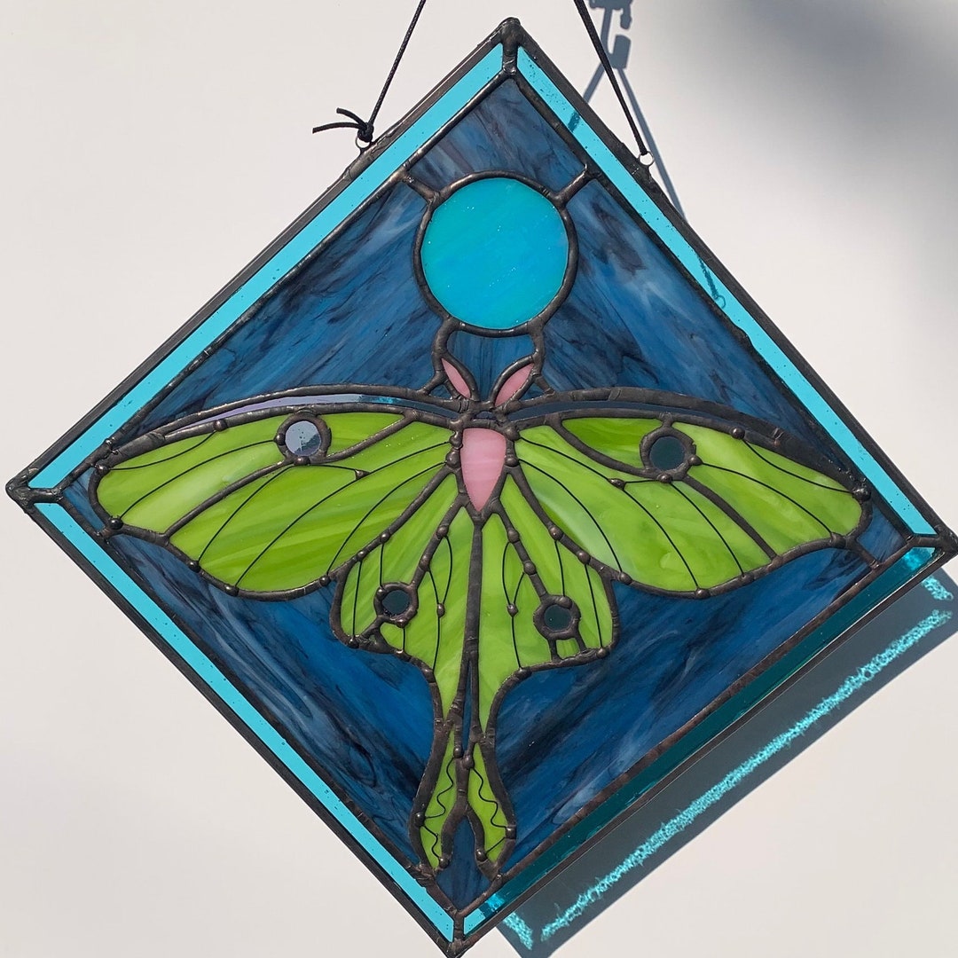 Stained Glass Luna Moth Panel: Iridescent Moon, Blue Diamond - Etsy