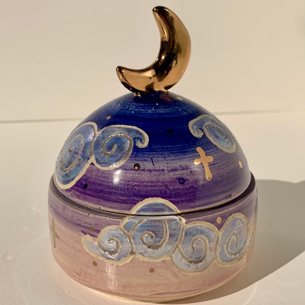 Ceramic Crescent Moon Trinket Jar - Twilight and Gold