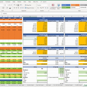 May include: A spreadsheet with a detailed breakdown of federal and state income tax calculations for the year 2019. The spreadsheet includes tables for federal income tax, Georgia income tax, long-term capital gains tax, and net investment tax. The spreadsheet also includes a section for calculating the total tax liability.