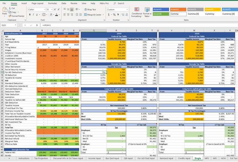 May include: A spreadsheet with a detailed breakdown of federal and state income tax calculations for the year 2019. The spreadsheet includes tables for federal income tax, Georgia income tax, long-term capital gains tax, and net investment tax. The spreadsheet also includes a section for calculating the total tax liability.